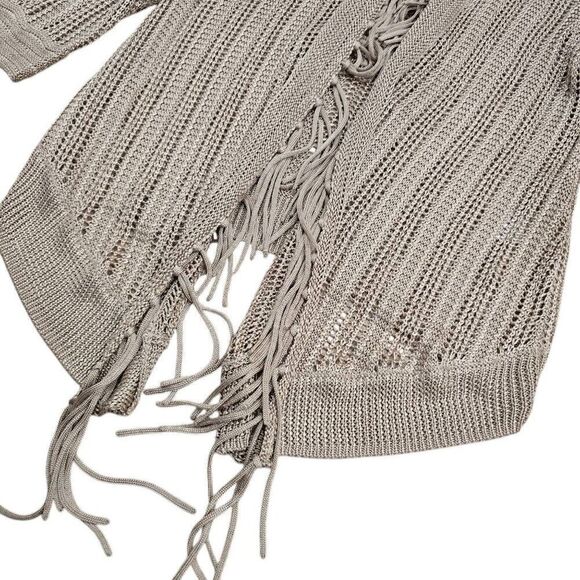 Chico's Sweater Womens Medium Beige Knit Fringed 100% Rayon Drape Front Cardigan - Picture 3 of 8